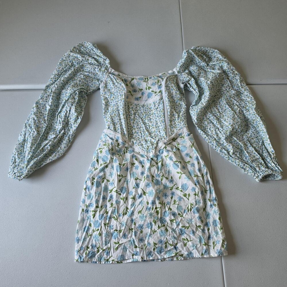 SABO Dress Womens XS Blue Floral Cotton Puff Sleeve Square Neck Mini Sundress